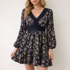 Navy Blue Floral‎ Cottagecore Dress Romantic Boho M Sz 6 feminine coquette fairy